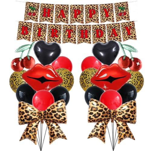 Image of 23Pcs Cherry Cheetah Birthday Decorations, Red Black Cheetah Print Balloons