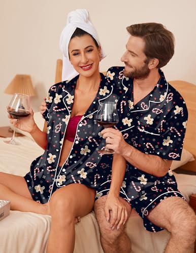 Image of Ekouaer Couple Matching Pajamas Sets Silk Short Sleeve Button Down Sleepwear Satin Pjs Shorts Set Soft Loungewear S-XXL