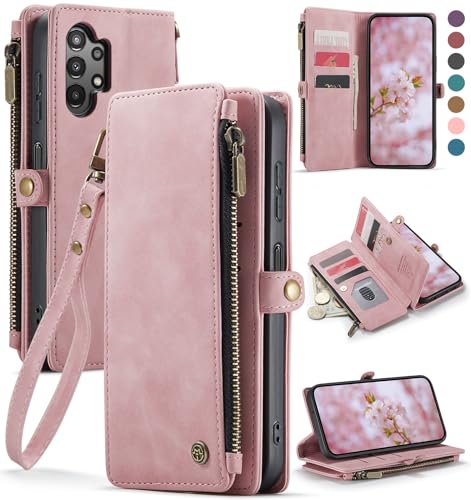 Defencase Compatible with Galaxy A32 5G Case Wallet with RFID Blocking Card Holder for Women Men, PU Leather Magnetic Snap Flip Zipper Strap Wallet Phone Case Fit for Samsung Galaxy A32 5G, Rose Pink