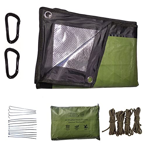 Extra Tough Edition Kit di coperta termica di emergenza multiuso riutilizzabile (verde) coperta riflettente in alluminio extra spessa, 2 moschettoni, 4 pioli in acciaio, 4 corde e custodia