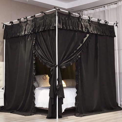 NXGIO Ruffle Lace up 4 Corners Post Princess Curtain Bed Canopy Cozy Breathable Mosquito Net Cloth for Girls Adults Bedroom Decoration (Black, 64
