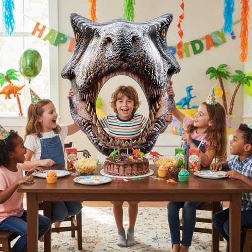 Image of Colingmill Dino Themed Photo Backdrop 59 inch Dinosaur Head Photos Frame Inflatable Balloon Decorations Hanging Dinosaur Photo Booth Props for Dino Party Decorations Jungle Safari Birthday Party Supplies