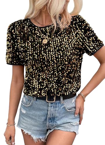 Women's Sparkle Sequins T Shirts Casual Short Sleeve Top Shimmer Going Out Rave Top Tee