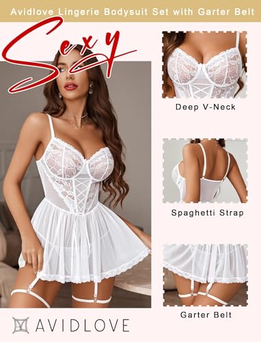 Image of Avidlove Women Lace Mesh Babydoll Lingerie Set with Garter Belt | 4 piece set, includes thong & garter belt, lace corset bodice, adjustable straps, S-4XL