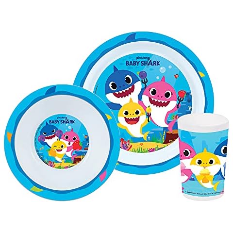 FUN HOUSE Baby Shark 005976 Children's Lunch Set Includes Dinner Plate Diameter 22 cm / Bowl Diameter 16 cm and Glass 220 ml Cover