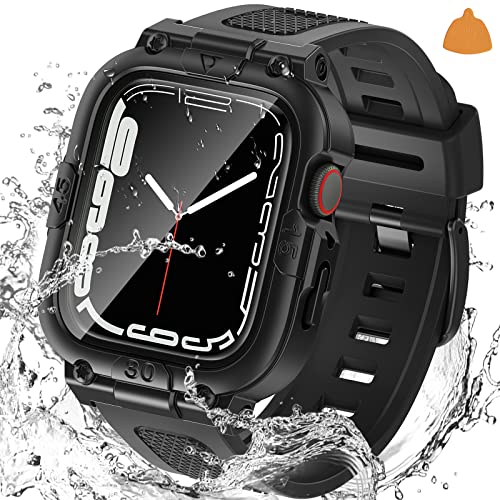 Neitra (3 in 1 Custodia impermeabile a 360 °per Apple Watch Series 6/5/4/SE 2023 Protezione Protezione Cover con cinturino 44mm, Cinturini di ricambio per orologio sportivo Robusto protettivo