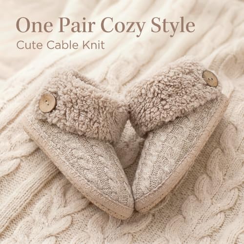 Image of cosyone1997 Cable Knit Slipper Socks for Women Non Slip Soft Sole | Fuzzy sherpa lining, gripper dots, flexible bootie coverage and machine washable care for warm, comfortable indoor wear