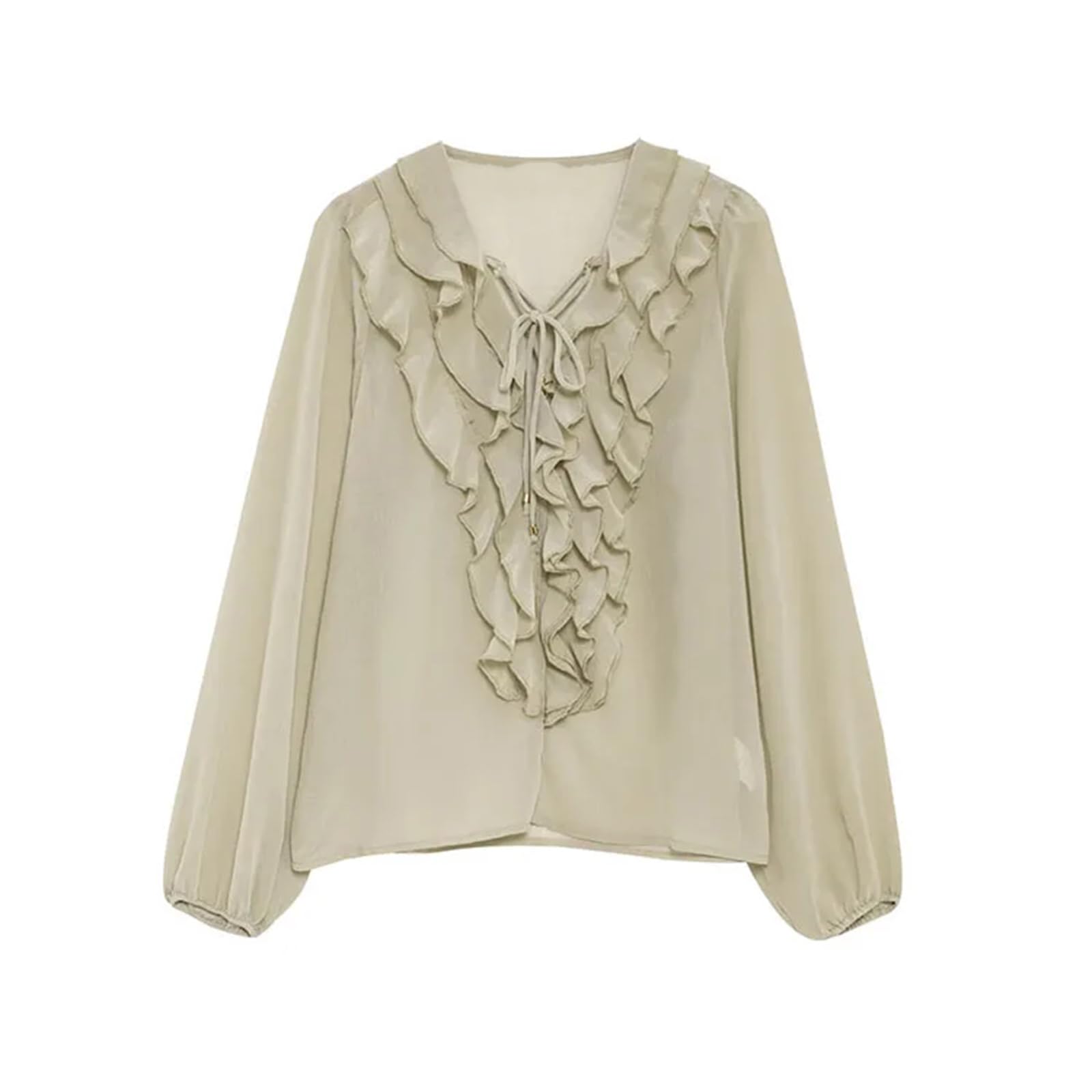 Halbtransparente Damenbluse mit Rüschenbesatz, Frühling, elegant, V-Ausschnitt, Schnürung, Damenbluse