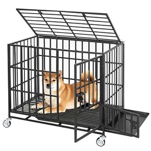36 Inch Heavy Duty Dog Crate with Wheels, Escape Proof Metal Kennel with 3 Doors & Removable Tray for Large Medium Dogs, Black