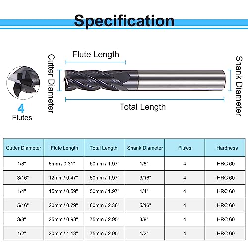 Image of HARFINGTON 4pcs Square End Mills 5 /16 inch Cutting Dia HRC 60 4 Flutes AlTiN Coating Tungsten Steel Carbide Mill Bit for Hardened Steels