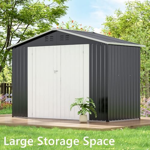 JAXPETY 9x4 FT Outdoor Storage Shed, Garden Shed with Lockable Doors, Tool Sheds for Backyard Garden Patio Lawn, Grey - Thumbnail 4