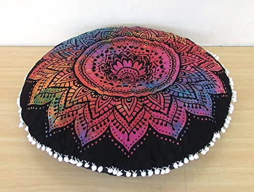 32" Mandala Large Floor Pillow Cover Rainbow Cushion Seating Throw Hippie Round Colourful Decorative Bohemian Accent Boho Chic Indian Pouf Ottoman Handmade COVER ONLY (Flower-Multicolour)
