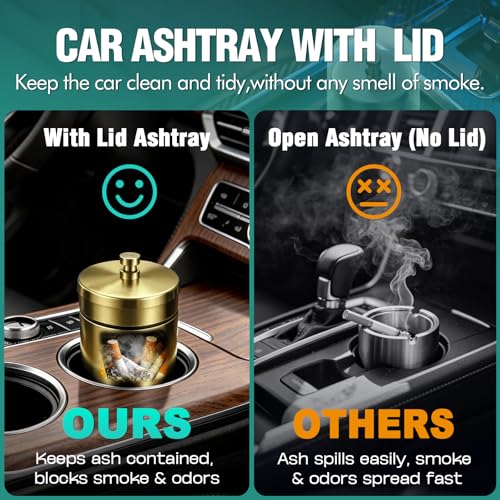 Image of Car Ashtray with Lid Smell Proof Stainless Steel Portable Ash Tray for Car Cup Holder Detachable Windproof Extinguished Cigarette Bucket Automotive Ashtrays for Outdoor Home Office (Gold)