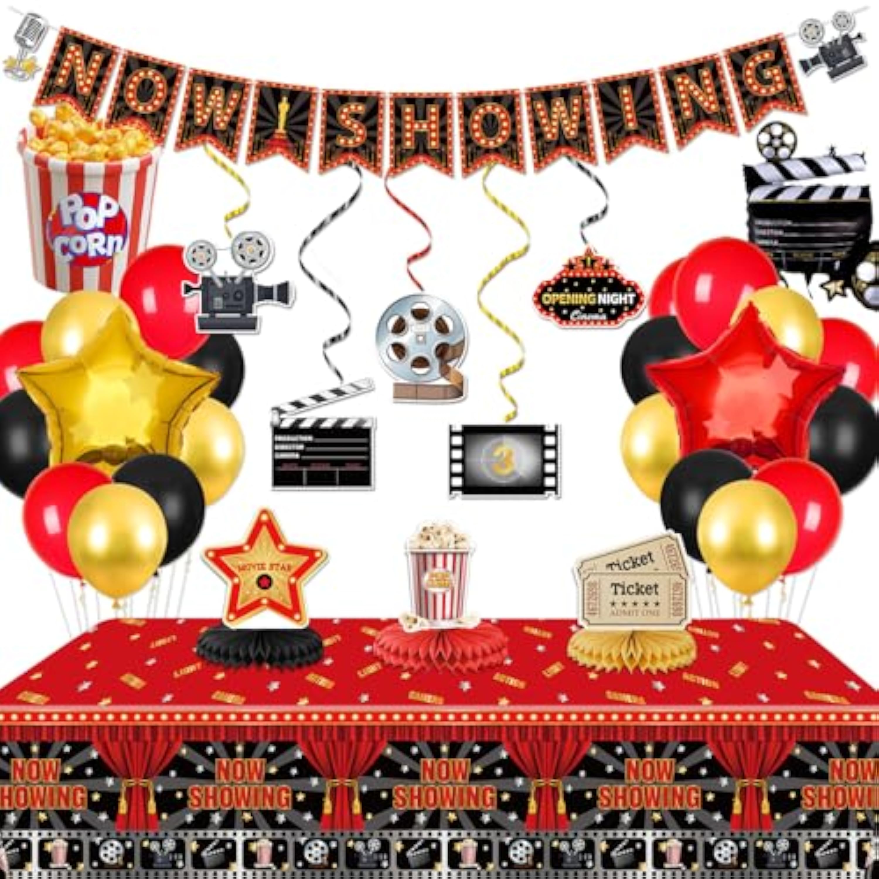 Decoraciones de noche de cine: pancarta, remolinos colgantes, mantel, centros de mesa de panal, globos y alfombra