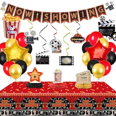 Decoraciones de noche de cine: pancarta, remolinos colgantes, mantel, centros de mesa de panal, globos y alfombra | Ya disponible en tu tienda friki favorita! En mundofriki.es!