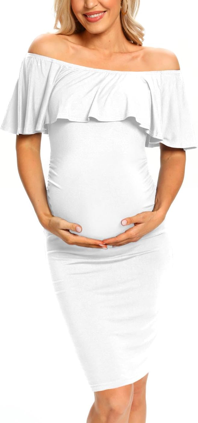 VmSlyii Ruffle Off Shoulder Maternity Dress Ruched Side Bodycon Pregnancy Dress for Baby Shower/Photography