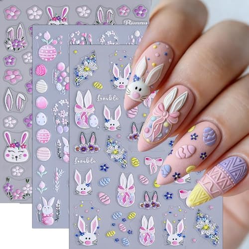 5D Flower Nail Stickers Easter Day Nail Art Sticker Cute Rabbit E...