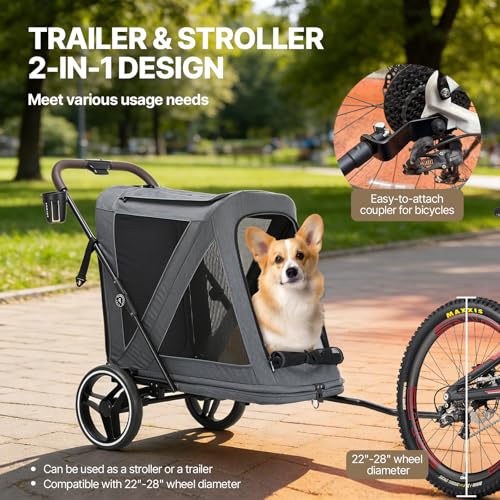 Image of Beberoad Dog Stroller for Large Dogs, 2-in-1 Pet Stroller & Dog Bike Trailer, R7 All-Terrain ER Tires with Shock Absorption, One-Hand Fold, 360 Mesh Ventilation, Waterproof Removable Fabric