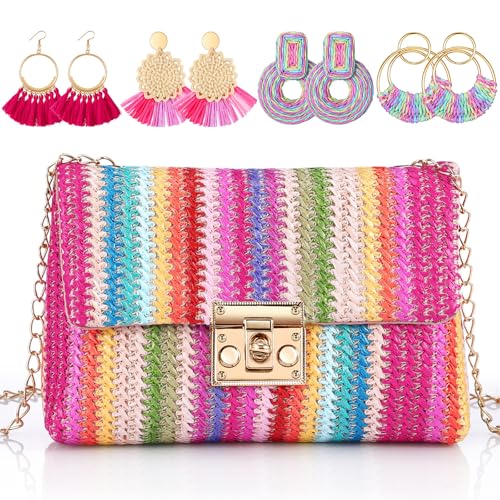 5 Pack Summer Striped Straw Clutch Purse Crossbody Vacation Handbag Woven Rattan Dangle Earrings for Women