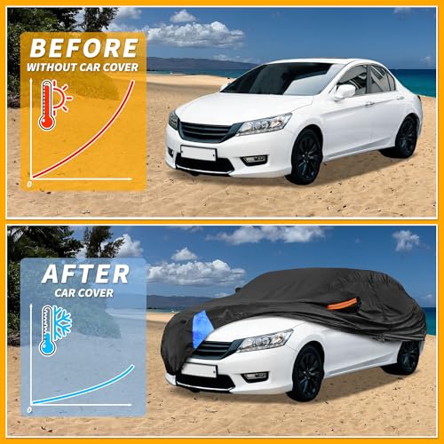 Image of Universal Car Cover Waterproof All Weather 190T Polyester, UV Sun Rain Protection, Fits for Sedan Length Up to 177 inch, with Left Side Zipper, Black & Blue