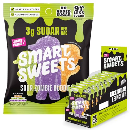 Image of SmartSweets Sour Zombie Buddies Low Sugar Gummy Candy, Healthy Snacks for Kids and Adults, Halloween Treat, 50g bags, Pack of 14