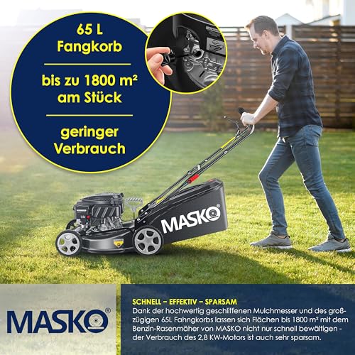 MASKO® Benzin Rasenmäher 5in1 | 51 cm Schnittbreite | 8- fache Schnitthöhenverstellung | 4 Takt OHV Motor 6,0 PS | 65 Liter Fangkorb| Inkl. Mulch- Kit, Seitenauswurf 6