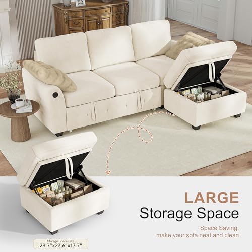 Image of Hanherry 81 inch Sectional Couch with Pull Out Sofa Bed,Chenille Sleeper Sofa with Storage Ottoman & USB Charging,Comfy L Shaped Modular Couches for Living Room,Apartment