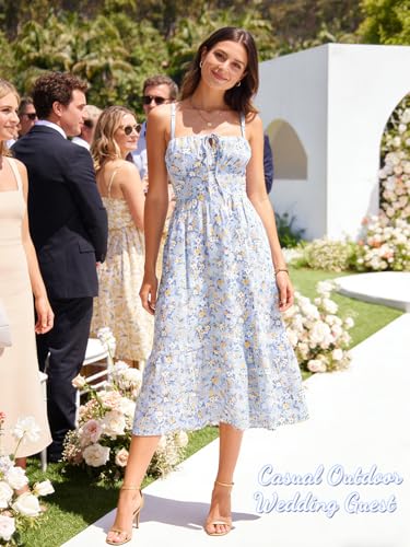 Image of Women's Casual Beach Vacation Dress with Pockets Flowy Aline Tiered Spaghetti Strap Lace Up Corset Midi Sundress for Summer