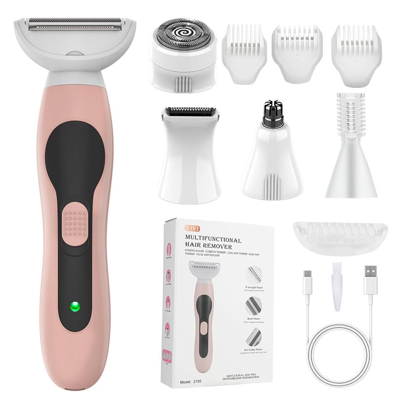 5-in-1 Women’s Electric Shaver for Lip Eyebrow, Face, Nose, Bikini Area, Legs Armpit, Home Beauty Accessories (Pink)