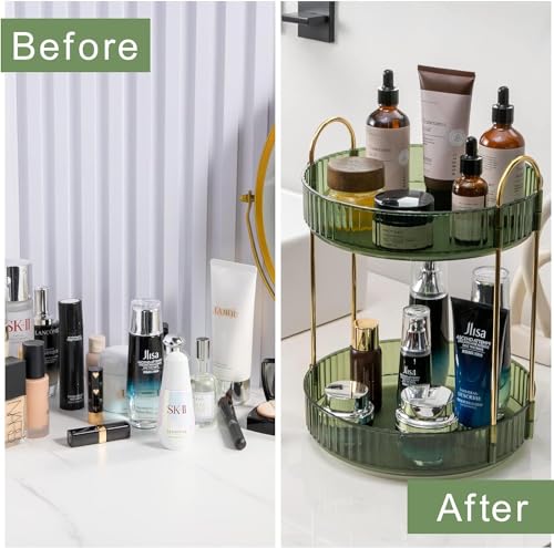 Image of 360 Rotating Makeup Organizer, Bathroom Make Up Spinning Holder Rack, Large Capacity Cosmetics Storage Vanity Shelf Countertop, Fits Cosmetics, Perfume, Skincare, Lipsticks (2 Tier, Green)