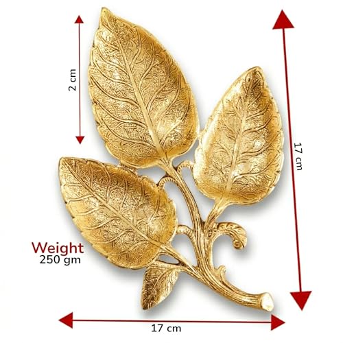 Image of Kridaykraft Metal Gold Polish Leaf-Shaped 3-Section Dry Fruit Tray, 17x17 cm, 250 gm, Decorative Serving Platter