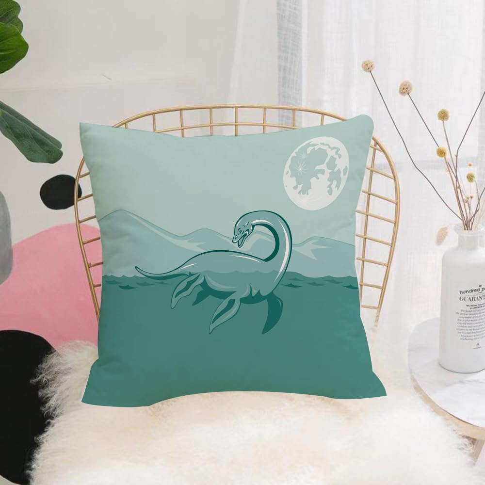 HYMSXW Cushion Cover,Throw Pillow Case Home Decorative for Living Room Bedroom Sofa Chair 20X20 Inch,Jurassic Decor,Loch Ness Monster Lake Sea Serpent Mountain Moon Waterscape Illu,Pillowcase 50X50cm
