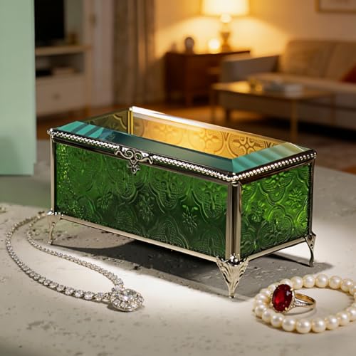 DHCGPP Glass Vintage Jewelry Box Keepsake storage Trinket Ring Display Box Home Decor Embossed Clear Glass Box Organizer(6.5x3.5x3.3Inches)
