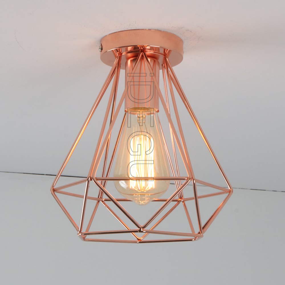 Idegu Rose Gold Retro Metal Ceiling Light, Vintage Industrial Geometric Cage Pendant Light Shade E27 Light Fitting Kitchen Bedroom Hallway Entryway (, 20Cm)