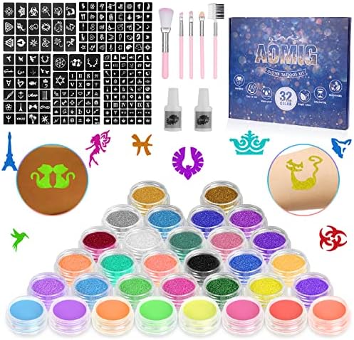 AOMIG Glitter Tattoo Kit, Kids Temporary Tattoo Set - 24 Colours Glitter, 8 Fluorescent Powder, 172 Stencils, Unique Body Nail Glitter Safe Body Make-up for Kids and Adults Halloween Christmas Party