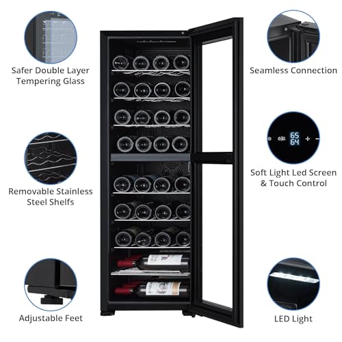 Image of Garvee Wine Cooler Refrigerator, Freestanding Compressor Wine Cellar, Compact Design, Single Glass Door, 32 Bottles, Digital LED Touch Control 41℉-64℉, for Red, White, Champagne or Sparkling Wine