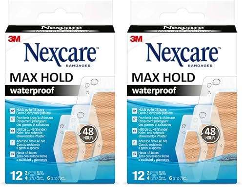 Nexcare Max Hold Pansements Imperméables, Tailles Assorties, 12 par Pack, Respirants pour Petites Plaies et Égratignures - Trousses de Premiers Soins