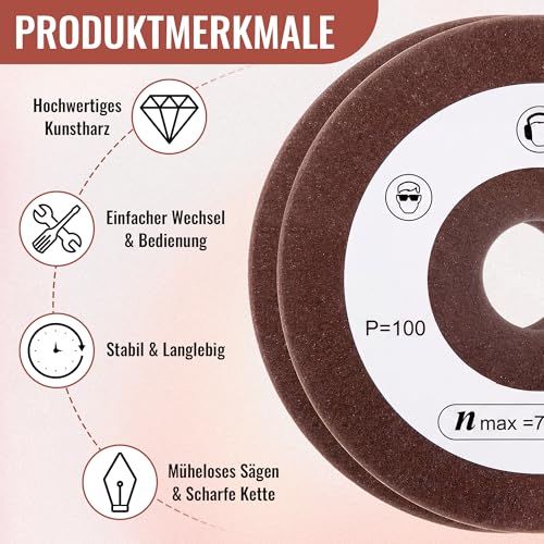 BBTO 2 Stück Ersatzschleifscheibe Kompatibel mit Einhell, 108mm Durchmesser, 23mm Aufnahme, Körnung P100, Sägekettenschärfgerät Schleifscheibe Kompatibel mit Einhell