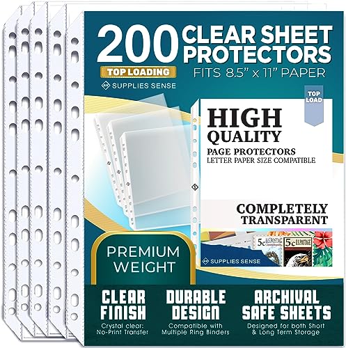 Sheet Protectors for 3 Ring Binder, 200 Pack Premium Clear Page Protector 8.5 x 11 inch, Plastic Sleeves for Binders, Heavy Duty Paper Sheets Document Sleeve Letter Size, Photo, Office, Home