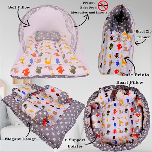Image of Kwitchy Baby Bedding Set New Born Baby Bed | Mattress | Mosquito Net | Gadda Set | Bed | Cotton | Essential Combos | Gift Pack | Boys & Girls (0-6 Months, Grey) (4PCS Set)
