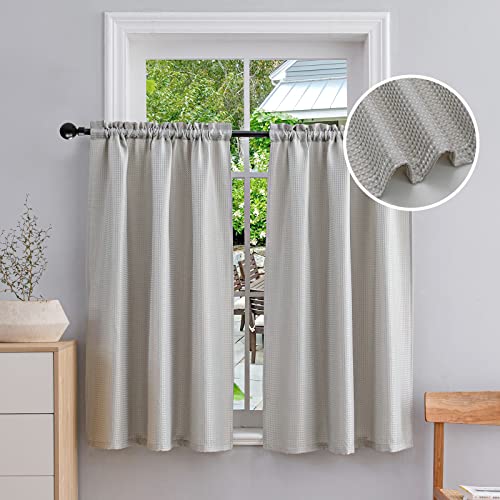 Beda Home-Waffle-Textured-Tier-Curtains for-Small-Kitchen-Window, Water-Repellent-Rod-Pocket-Short-Curtains-for-Bathroom, Grey, 36 inch x 45 inch, 2 Panels