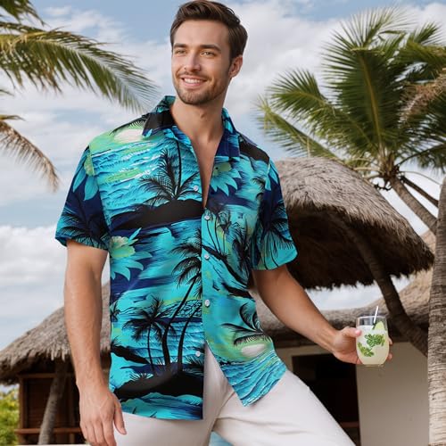 Image of Men's Hawaiian Shirt Tops Vintage Short Sleeve Button Down Beach Shirt Male Tropical Floral Summer Pullover Party Holiday