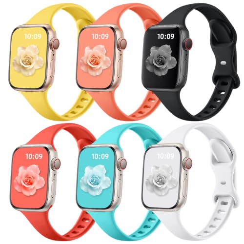 Image of Lerobo 6 pack Silicone Slim bands Compatible for Apple Watch Band 42mm 44mm 45mm 46mm, Slim Thin Sport Strap Wristband for iWatch Series 11 /10 /9 /8 /7 /6 /5 /4 /SE /Ultra /3 /2 /1 Women Men