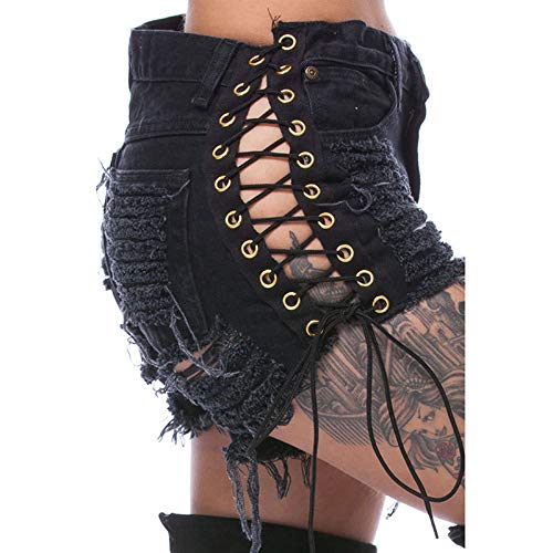 Swbreety Women's High Rise Ripped Hole Bandage Denim Shorts Lace Up Short Jeans - Black - Small