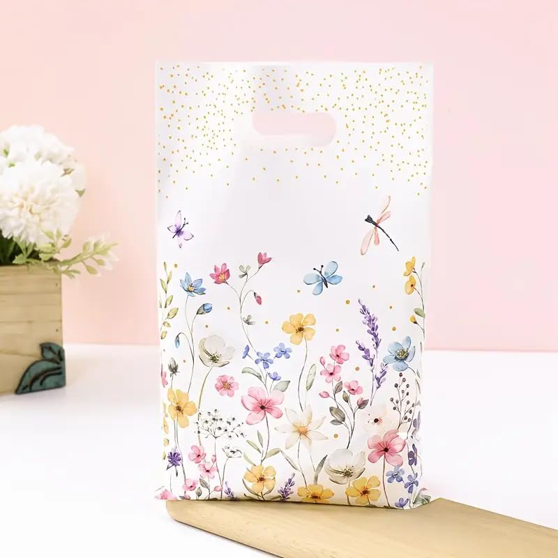 25 sacos de presente de plástico com tema de flores silvestres com design de folhas e flores - alça de perfuração, perfeita para o dia das mães, casamentos, aniversários