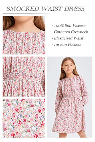 Tinysugar Girls Smocked Waist Soft Viscose Midi Dress Elastic Crewneck Casual Playwear Skater Dress With Pockets Pink Floral 6Y #TOP2