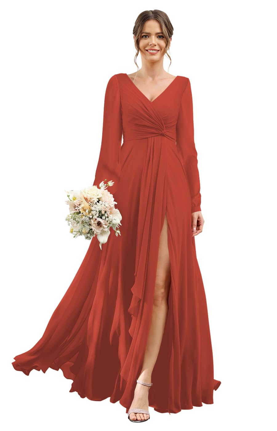 RSOETOO Chiffon Bridesmaid Dresses 2026 for Women with Slit V Neck Long Sleeve Flowy Formal Dresses with Pockets