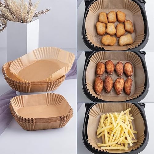 Image of KLIMET 100 PCS Disposable Air Fryer Paper Liners | Square 8 Inch Oil Proof Parchment Sheets for Baking Frying Roasting Cooking | Heat Resistant Non Stick Microwave Oven Safe