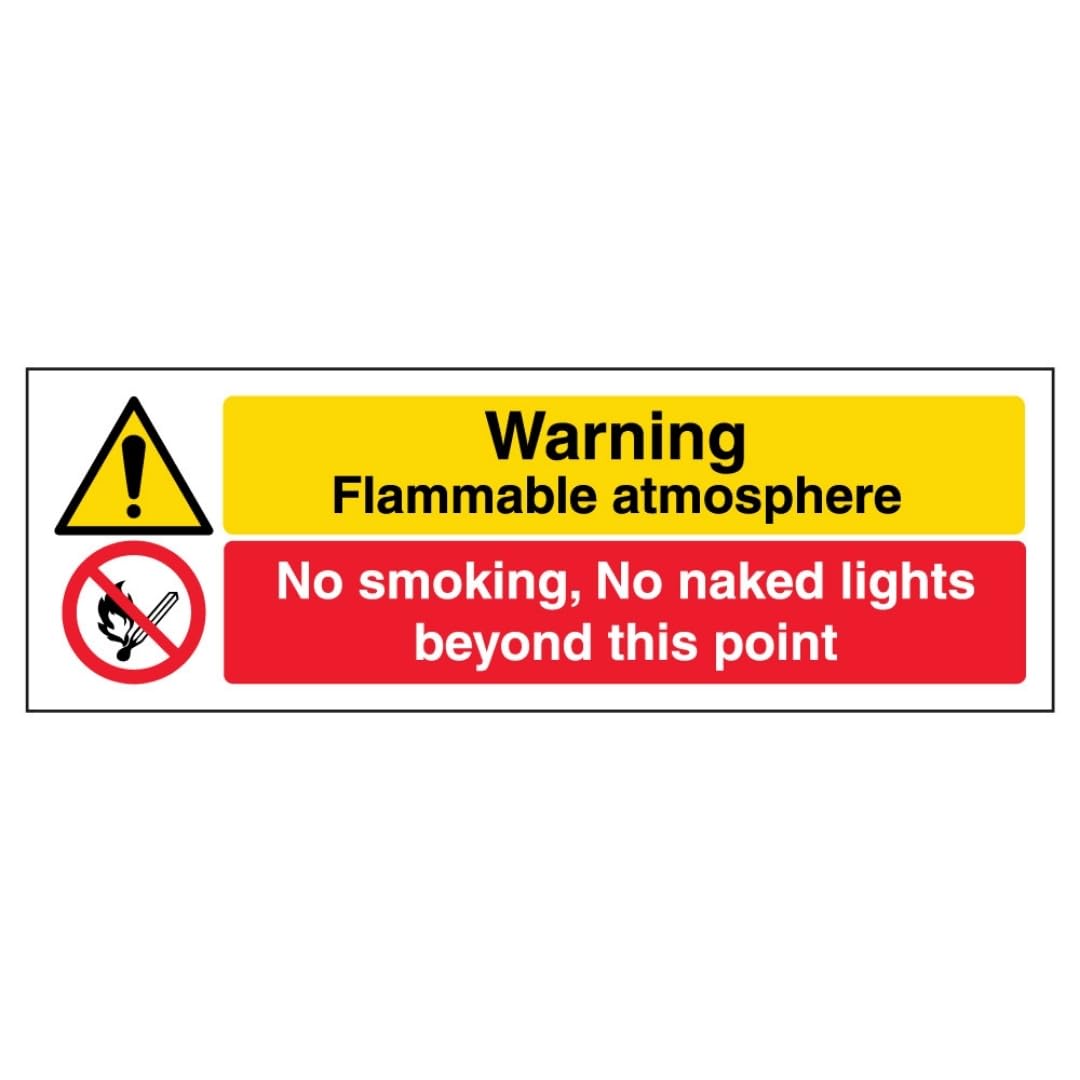 V Safety Warning Flammable Atmosphere/No Smoking No Naked Lights 300 x 100 mm - Glow In The Dark 1mm Rigid Plastic Safety Sign