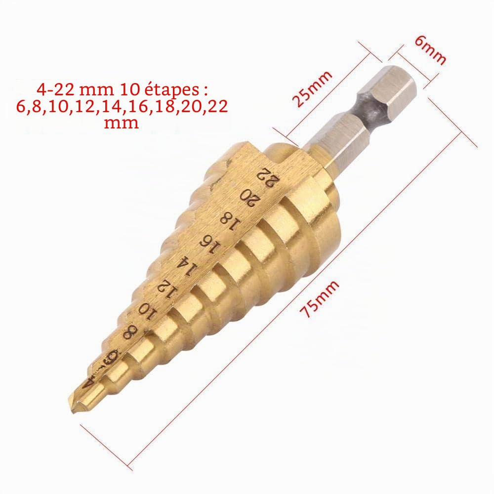 4 - 22mm acier à grande vitesse titane Coated Step Drill High Speed Steel 1 / 4 "poignée hexagonale changement rapide de foret conique métal plastique bois trou fraise